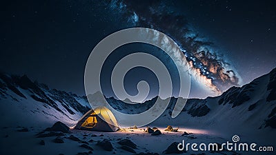 Camping in the mountains under the starry sky. Stock Photo