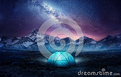 Camping In The Mountains Under The Stars Stock Photo