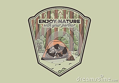 Camping in nature with partner. Vintage outdoor illustration Cartoon Illustration