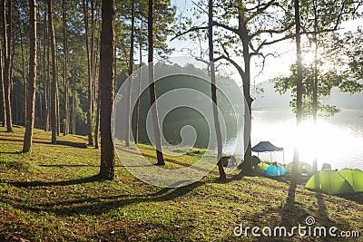 Camping near lake with Sunrise at Pang-ung, Mae Hong Son. Stock Photo