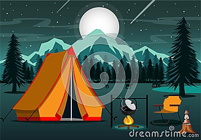 Camping at night near bright lights in a spruce forest under a magical starry sky. Stock Photo