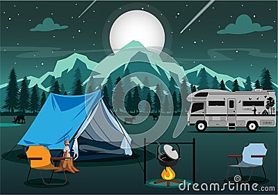 Camping at night near bright lights in a spruce forest under a magical starry sky. Stock Photo