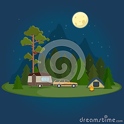 Camping night scene with caravan, tent and campfire Vector Illustration