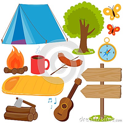 Camping objects and equipment collection. Vector illustration set Vector Illustration