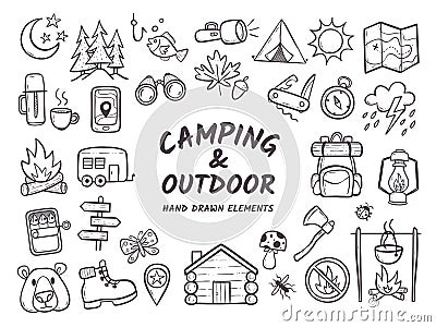 Camping and outdoor adventures hand drawn elements Vector Illustration