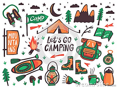 Camping outdoor elements. Summer camp, hiking recreation signs, kayak, backpack and tent, travel doodle equipment vector Vector Illustration