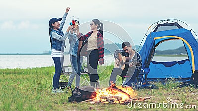 Camping outdoor. Group friends camping leisure and destination travel. Stock Photo