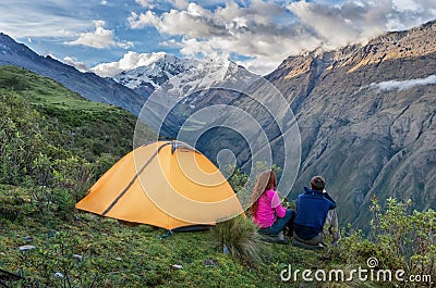 Camping in the Peruvian Andes. Salkantay Trekking. Peru. Stock Photo