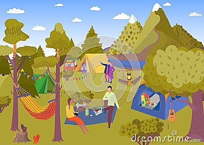 Camping picnic in summer forest vector illustration, cartoon people have rest in tourist camp with tent and hammock Vector Illustration