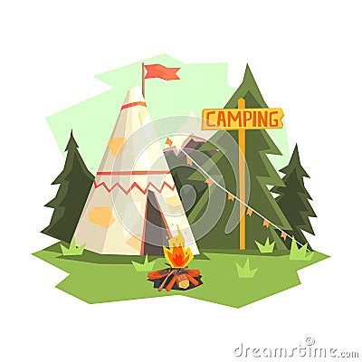 Camping Place With Bonfire, Wigwam And Forest Vector Illustration