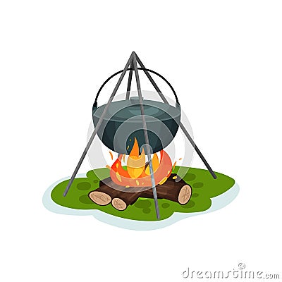 Camping pot over bonfire, delicious fish soup cooking vector Illustration on a white background Vector Illustration