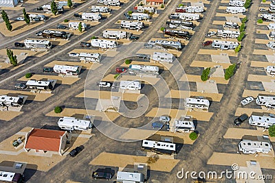 Camping with RV trailer on resort parking camping park Stock Photo