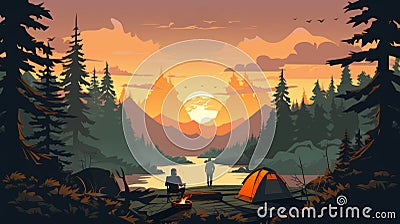 Bold Graphic Illustrations Of Romantic Camping At Sunset In The Forest Cartoon Illustration