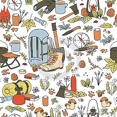 Camping set seamless pattern template. Hiking icons colored sketch style set. copy space. Vector illustration Vector Illustration