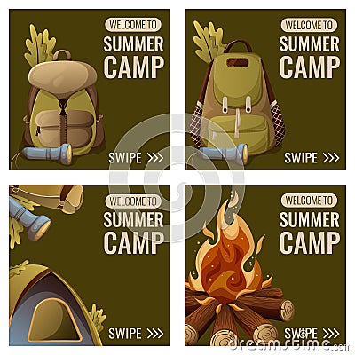 Camping set with text welcome to summer camp. Square vector illustration with hiking equipment, backpack, flashlight Vector Illustration