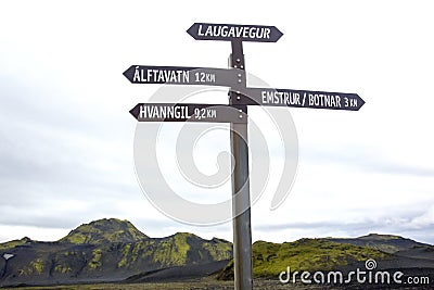 Camping signs on the Landmannalaugar and Laugavegur hiking trail. iceland. Tourism and hiking Stock Photo