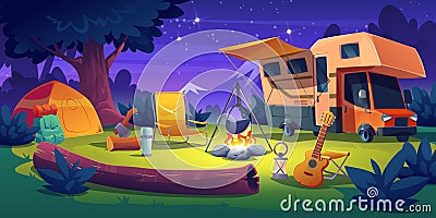 Camping site with trailer, tent, burning bonfire Vector Illustration