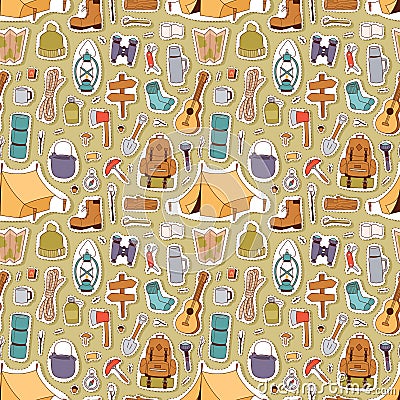 Camping stickers in hand drawn style vector seamless pattern Vector Illustration