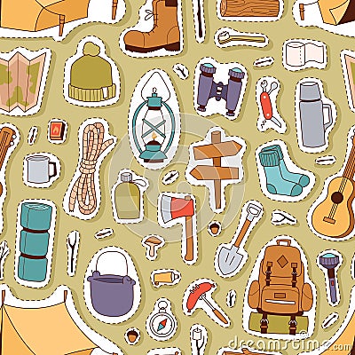 Camping stickers seamless pattern Vector Illustration