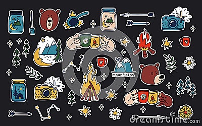 Camping stickers set. Hand drawn collection of colored elements of camping, outdoor recreation with cute bears. Cartoon Vector Illustration