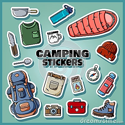 Camping stickers set poster. Collection of flat style labels Vector Illustration