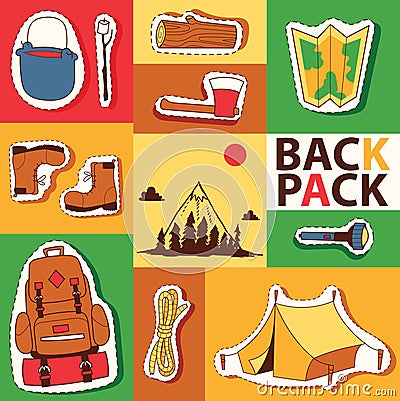 Camping stickers survival exploration tourism and hiking illustration. Tent backpack map flashlight ax boots rope Cartoon Illustration