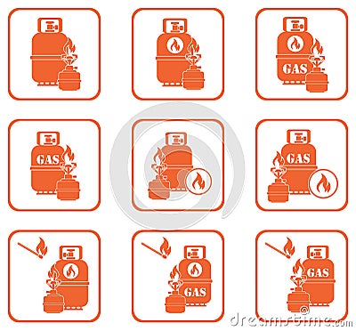 Camping stove with gas bottle icons set Vector Illustration