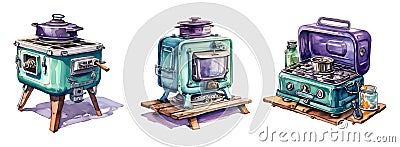 Camping stove watercolor clipart illustration with isolated background Cartoon Illustration