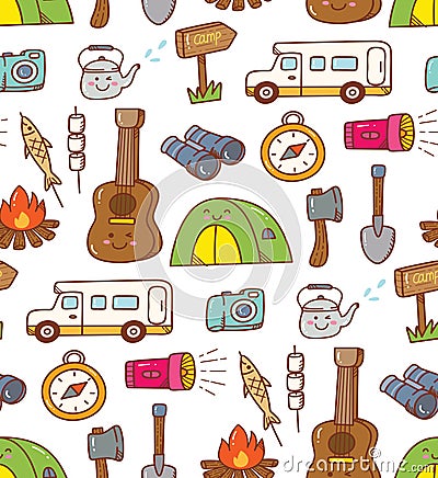 Camping stuff kawaii doodle seamless background Stock Photo