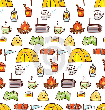 Camping stuff kawaii doodle seamless background Stock Photo