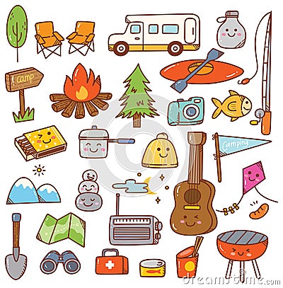 Camping stuff kawaii doodle set Stock Photo