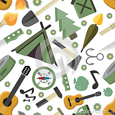 camping, survival in the forest, seamless pattern. tent, guitar, compass, knife, gasoline, fire, canned food, axe Vector Illustration