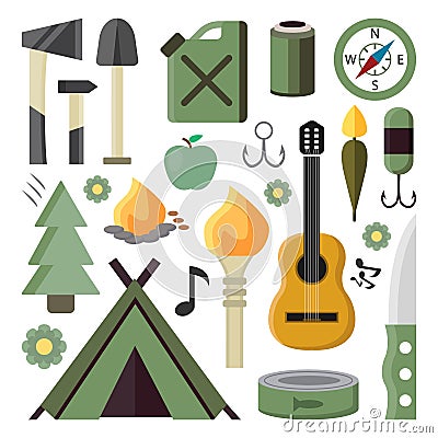 camping, survival in the forest, isolated items. tent, guitar, compass, knife, gasoline, fire, canned food, axe, hammer Vector Illustration