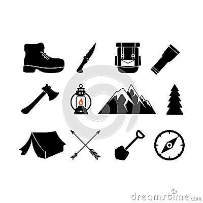 Camping symbols. Set of camp icons. Vector Illustration