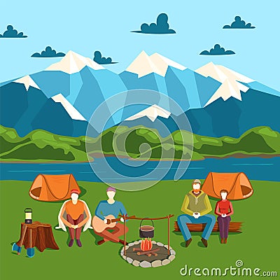 Camping tent banner with flat tourist, outdoor party vector illustration. Campfire on shore, mountain, river. Design Vector Illustration