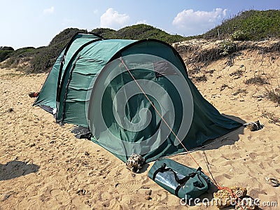 Camping tent on the beach of Torre Pali Editorial Stock Photo