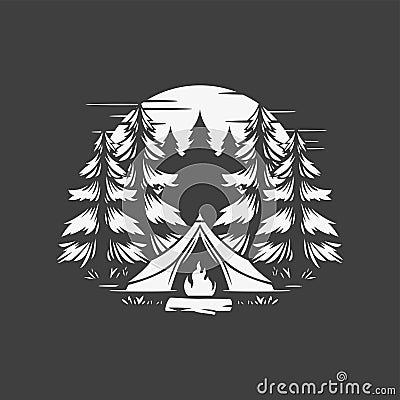 Camping tent bonfire spruce forest tourism halt summer expedition t shirt print vintage icon vector Vector Illustration