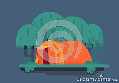 Camping in the tent camp in forest. Overnight in the trip. Vector Illustration