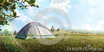 The Camping Tent in mountain in the summer. Tourism. Adventure. Hike. Background. Panorama Stock Photo