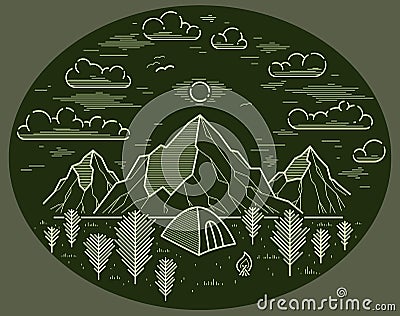 Camping tent in mountains range and pine forest vector linear illustration on dark, holidays and vacations theme line art drawing Vector Illustration