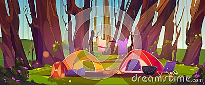 Camping tents with campfire and tourist stuff Cartoon Illustration