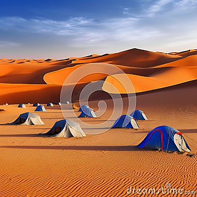 Camping tents in desert, travel, destination scenics Cartoon Illustration