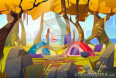 Camping tents with fire and tourist stuff in autumn forest Vector Illustration