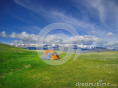 Camping tent in wild camping, Altai Mountains, Western Mongolia Stock Photo