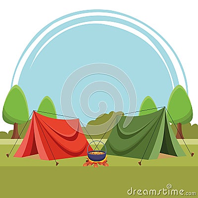 Camping tents with soup in bonfire Vector Illustration