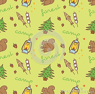 Camping themed seamless background with squirrel Stock Photo