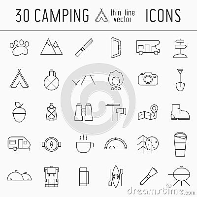Camping Thin Line Icon Set of Adventure Elements Vector Illustration