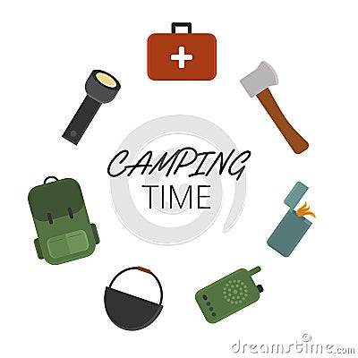 Camping time banner or poster with colored traveling elements Vector Illustration
