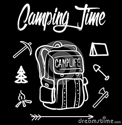 Camping time illustration, fully scalable. Use it for T-shirt print, change colours and text. Vector pattern. Vector Illustration