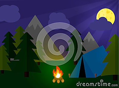 Camping tourism concept with stan and campfire Vector Illustration